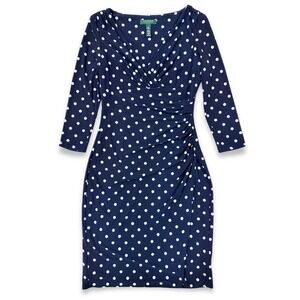 Lauren Ralph Lauren Navy Polka Dot Faux Wrap Dress 3/4 Sleeve Size 4 EUC